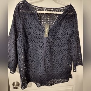 Navy Eyelet Talbots Blouse Large 100% Cotton